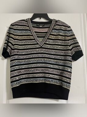 St.John Black Striped V-Neck Sweater with Pink and Cream Accents Like New” Sz 14